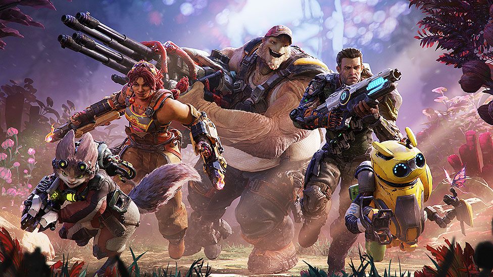 A squad of game characters moving through a colorful landscape